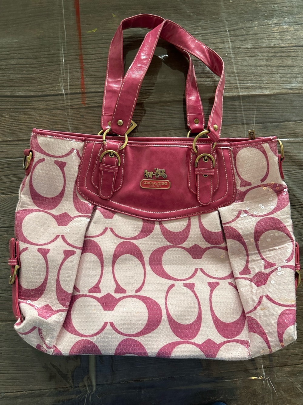 Coach Pink sequins Signature Tote with Gold-Tone Hardware